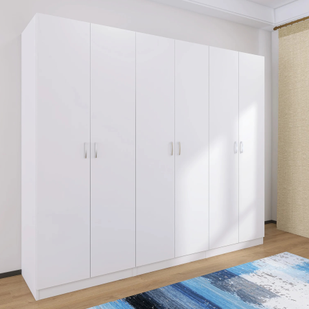Dulap 6 usi - Dulap cu 6 usi cu bara haine, H200 X L240 X A50cm, PAL 18mm, Culoare Alb