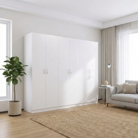 Dulap 6 usi - Dulap cu 6 usi cu bara haine si rafturi, H200 X L240 X A50cm, PAL 18mm, Culoare Alb