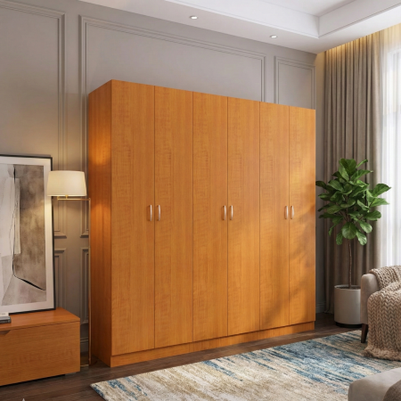 Dulap 6 usi - Dulap cu 6 usi cu bara haine si rafturi, H200 X L240 X A50cm, PAL 18mm, Culoare Cires