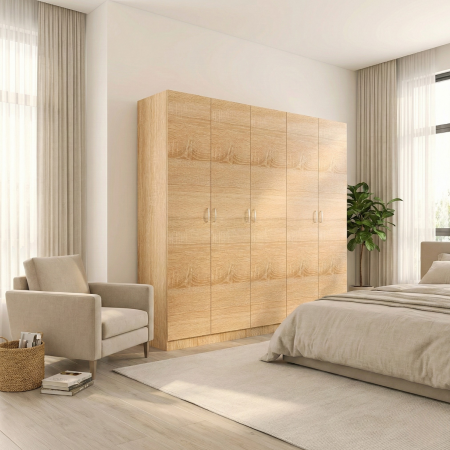 Dulap 6 usi - Dulap cu 6 usi cu bara haine si rafturi, H200 X L240 X A50cm, PAL 18mm, Culoare Sonoma