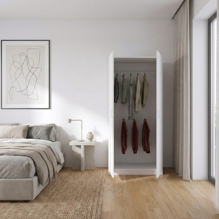 Dulap cu 2 usi - Dulap cu Bara Haine D3,  H200 X L80 X A50cm, PAL 18mm, Culoare Alb