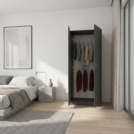 Dulap cu 2 usi - Dulap cu 2 Bare Haine D3,  H200 X L80 X A50cm, PAL 18mm, Culoare Gri Antracit