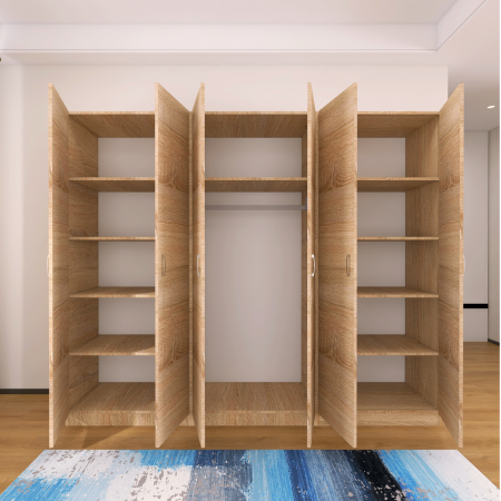Dulap 6 usi - Dulap cu 6 usi cu bara haine si rafturi, H200 X L240 X A50cm, PAL 18mm, Culoare Sonoma