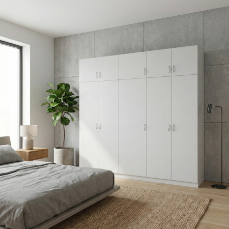 Cele mai vandute - Dulap Dormitor cu Bara Haine si Rafturi, H240 X L205 X A50cm, Culoare Alb ,Material Pal18mm