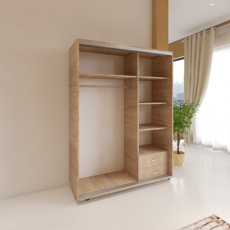 Dressinguri - Dulap usi culisante cu 2 sertare  L120 x H200 x A60 cm, Culoare Stejar Sonoma, Pal 18mm, Cant ABS, Manere Aluminiu