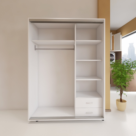 Dressinguri - Dulap usi culisante cu 2 sertare  L140 x H200 x A60 cm, Culoare Alb, Pal 18mm, Cant ABS, Manere Aluminiu