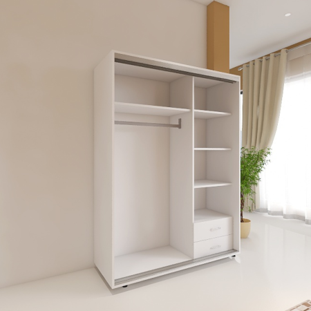 Dulap usi culisante cu 2 sertare  L140 x H200 x A60 cm, Culoare Alb, Pal 18mm, Cant ABS, Manere Aluminiu [2]