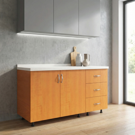 Cele mai vandute - Set Corp Bucatarie L120 x H90 x A50cm, Culoare Cires , Picioare Reglabile, Blat Termorezistent 2.8 cm