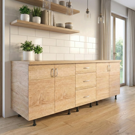 Corpuri Bucatarie Modulare - Set Corp Bucatarie L200 x H90 x A50cm, Culoare Stejar Sonoma , Picioare Reglabile, Blat Termorezistent 2.8 cm