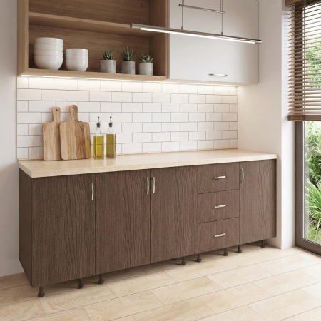 Corpuri Bucatarie Modulare - Set Corp Bucatarie L200 x H90 x A50cm, Culoare Wenge, Picioare Reglabile, Blat Termorezistent 2.8 cm