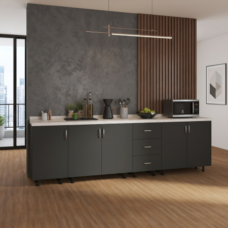Corpuri Bucatarie Modulare - Set corpuri inferioare AlexaMob C387 Gri Antracit, 240 × 50 × 90 cm, cu cinci uși, trei sertare și blat
