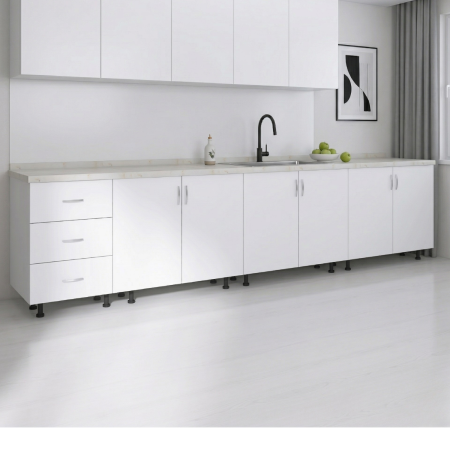 Corpuri Bucatarie Modulare - Set Corp Bucatarie L260 x H90 x A50cm, Culoare ALB, Picioare Reglabile, Blat Termorezistent 2.8 cm