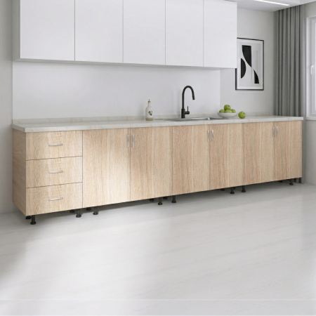 Corpuri Bucatarie Modulare - Set Corp Bucatarie L260 x H90 x A50cm, Culoare Stejar Sonoma , Picioare Reglabile, Blat Termorezistent 2.8 cm