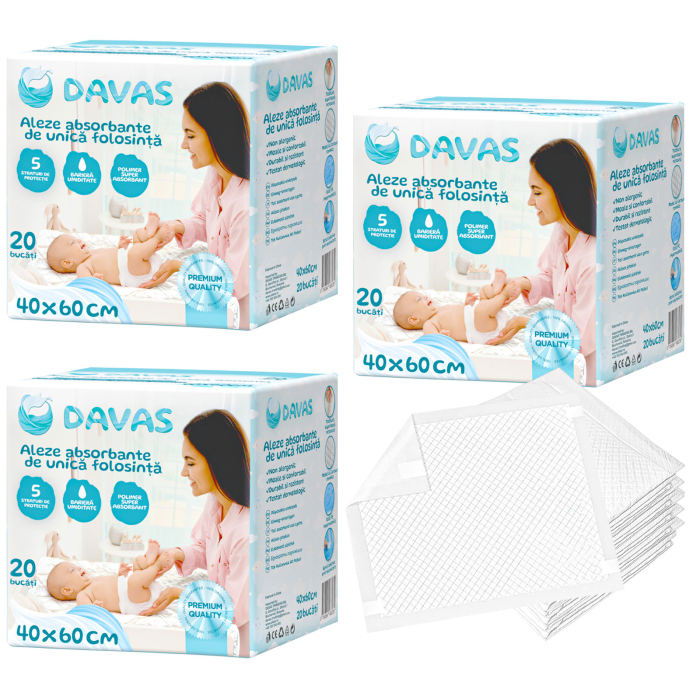 Aleze Davas 40x60 cm, 60 buc, cu polymer SAP, 5 straturi, absorbante unica folosinta, benzi adezive [1]