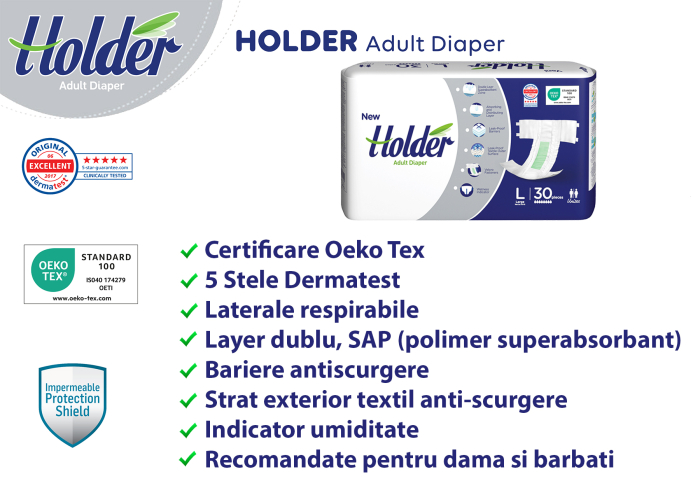 Scutece adulti Holder, marimea L, talie 100-150 cm, 30 buc, 8 picaturi [3]