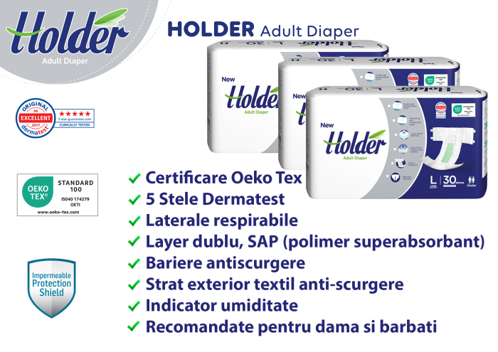Scutece adulti Holder, marimea L, talie 100-150 cm, 90 buc, 8 picaturi [4]
