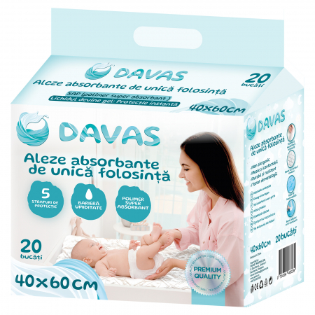 40x60 cm - Aleze Davas, 40x60 cm, 20 buc, absorbante, unica folosinta, 5 straturi, cu polymer SAP, benzi adezive