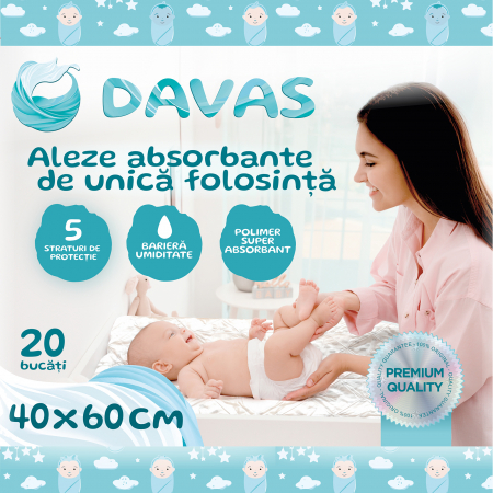 Aleze Davas 40x60 cm, 60 buc, cu polymer SAP, 5 straturi, absorbante unica folosinta, benzi adezive [2]