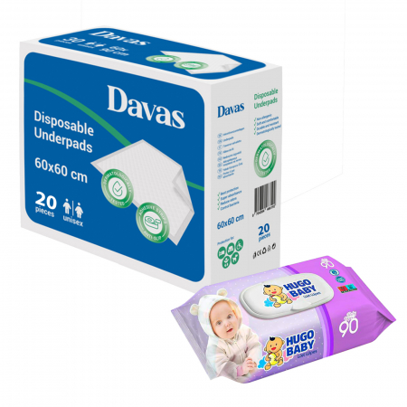 SERVETELE UMEDE - Aleze Davas 60x60 cm, 20 buc + Servetele umede Hugo Baby Purple 90 buc