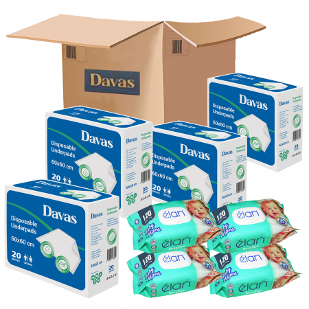 PACHETE PROMO - Aleze Davas 60x60 cm, 4x20 buc si Servetele umede Elan 4x120 buc
