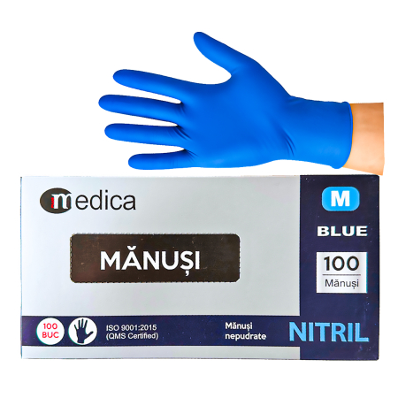 MANUSI NITRIL - Mănuși nitril nepudrate Medica, marimea M, 100 buc/cutie, albastru