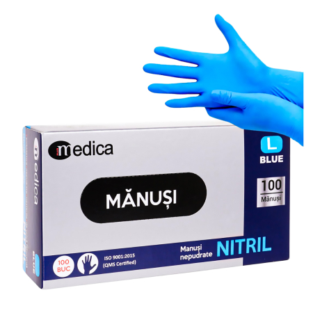 MANUSI NITRIL - Mănuși nitril nepudrate Medica, marimea L, 100 buc/cutie, albastru