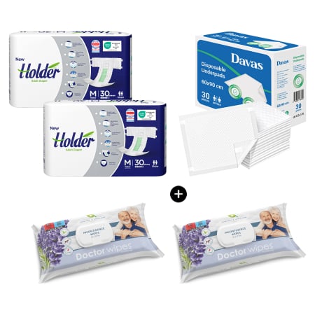 PACHETE PROMO - Pachet Promo Scutece Holder M 60 buc+Aleze 30 buc+Servetele 100 buc
