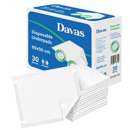 Protectii pat (aleze) Davas, 60x90 cm, 30 buc, gama premium 5 straturi, cu benzi fixare