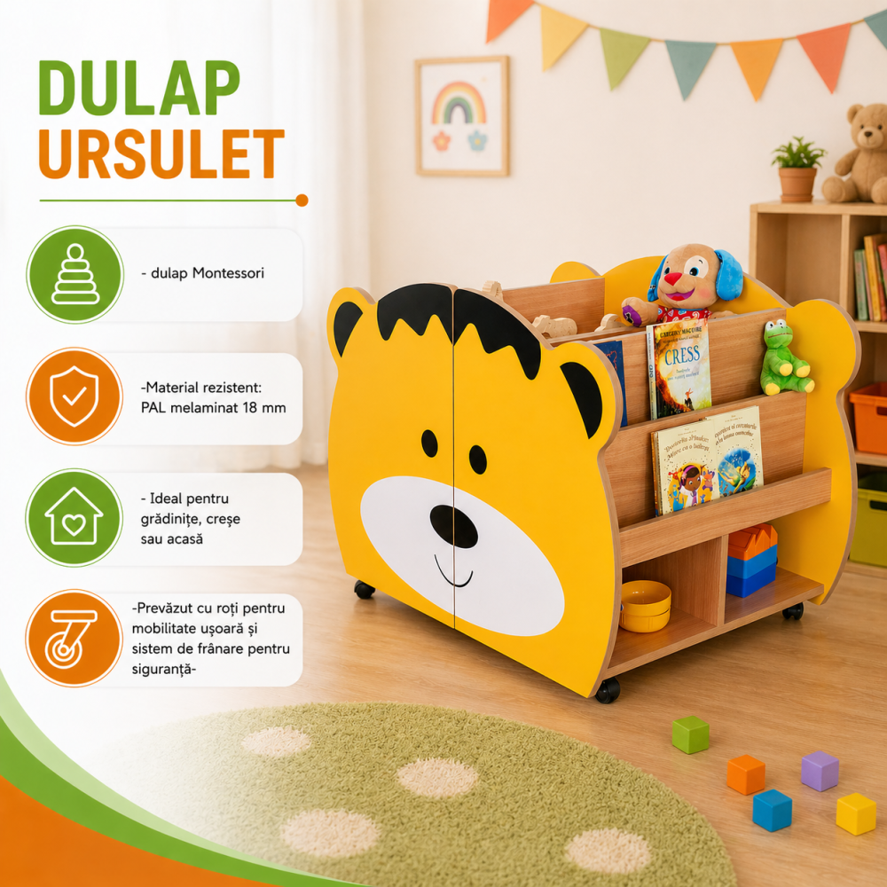 Ansamblu Montessori copii tip ursulet din PAL 18 mm cu roti si rafturi pentru gradinita si camera copii [2]