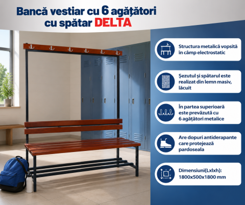 Bancă vestiar cu 6 agățători cu spătar DELTA [3]
