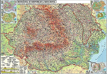 ROMANIA - Romania si Republica Moldova. Harta fizica, administrativa si a substantelor minerale utile