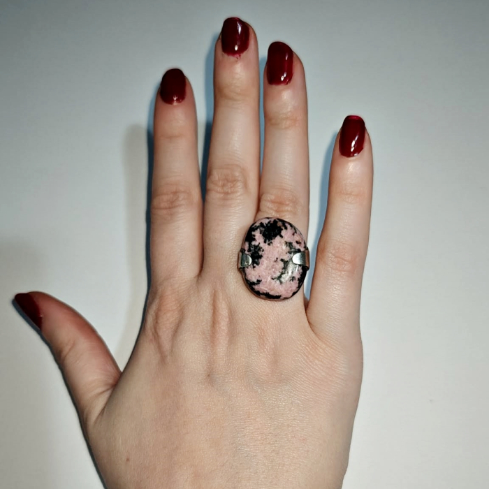 Inel Rodonit cu psilomelan: reglabil, montat în argint 925 [4]