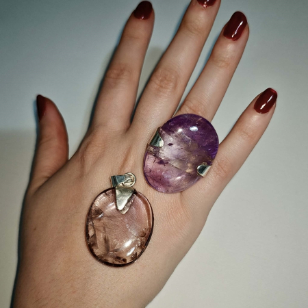 Set Ametist - pandantiv și inel reglabil, piatră mare, în argint [4]