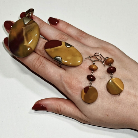 Set Jasp, varietatea Mookait - pandantiv, inel și cercei cu tortiță, în argint [3]