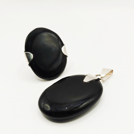 Obsidian negru - Set Obsidian negru - pandantiv și inel reglabil, în argint