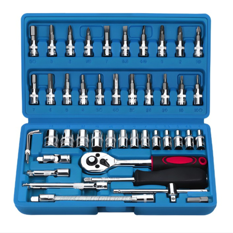 Intretinere Auto - Chei tubulare Set 46 de Piese,Trusa Scule de Reparatii Auto, Prelungitoare Rigid si Flexibil, Articulatie Cardanica, Antrenor de Forta Glisant, Adaptoare, Maner pentru Surubelnita, 23 x 12 x 4 cm, 1.9