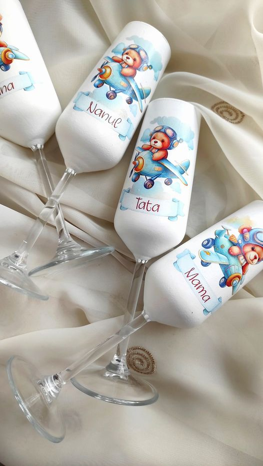 Pahare personalizate botez  Ursulet in Avion [2]