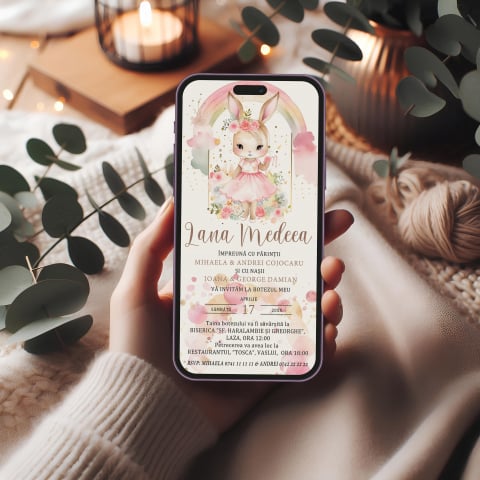 BOTEZ - Invitatie digitala botez Iepuras Curcubeu