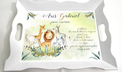 Tăvițe personalizate 1 an - Tava mot baiat Green Safari