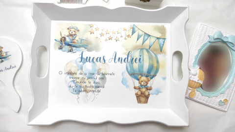 Tăvițe personalizate 1 an - Set tavita mot băieți ”Ursulet” 6 accesorii
