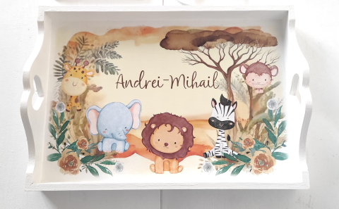 Tăvițe personalizate 1 an - Tava mot baiat Safari Friends
