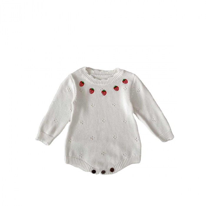 Pulover alb stil body, cu broderie capsuni, bumbac, cu decolteu rotund la baza gatului, [1]