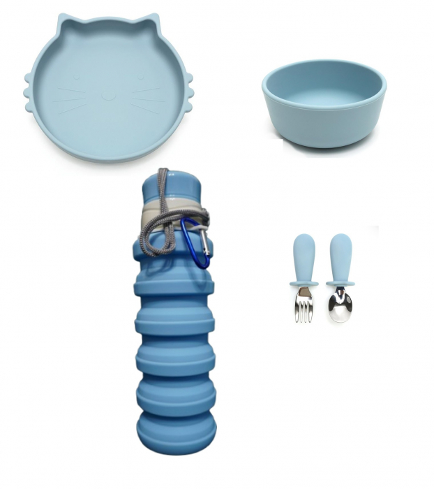 Set de hranire pentru bebelusi si copii, 4 piese, din silicon, fara BPA+Bidon pliabil din silicon, design compact, albastru [1]