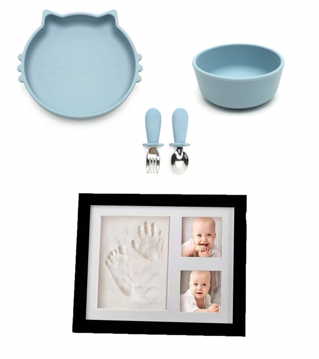 Set de hranire pentru bebelusi si copii, 4 piese, din silicon, fara BPA+Kit amprenta mulaj manuta sau piciorus bebe si rama foto, 23x28cm [1]