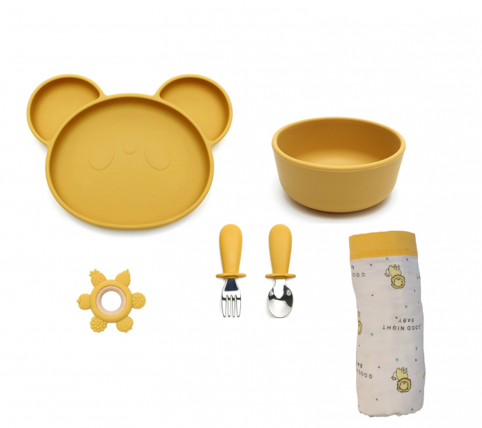 Set de hranire pentru bebelusi si copii, 5 piese, din silicon, fara BPA+Paturica pentru Bebe, Muselina multi strat, 110x110 cm, din Bumbac, 0-5 Ani [10]