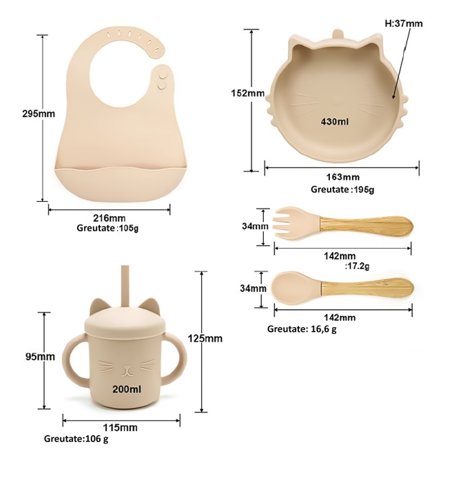 Set hrănire bebeluși 6 piese silicon fără BPA cu ventuză + compleu verde pastel bumbac | AllBebe [2]