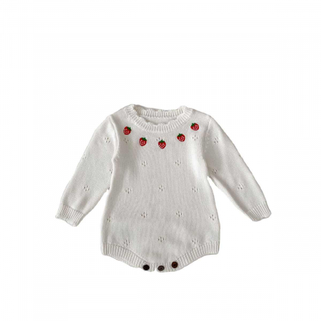 Imbracaminte si accesorii - Pulover alb stil body, cu broderie capsuni, bumbac, cu decolteu rotund la baza gatului,