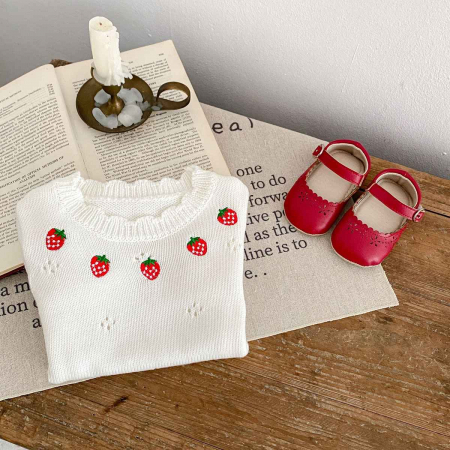 Pulover alb stil body, cu broderie capsuni, bumbac, cu decolteu rotund la baza gatului, [2]