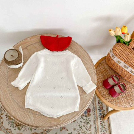 Pulover alb stil body, cu broderie capsuni, bumbac, cu decolteu rotund la baza gatului, [5]