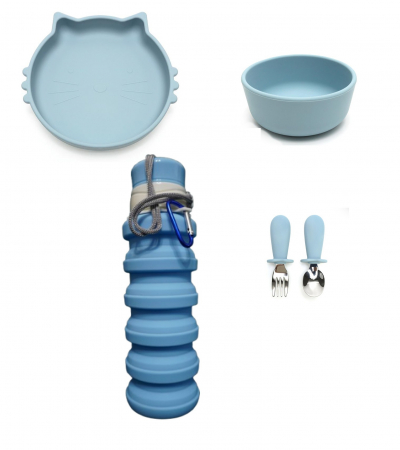 Hranire - Set de hranire pentru bebelusi si copii, 4 piese, din silicon, fara BPA+Bidon pliabil din silicon, design compact, albastru